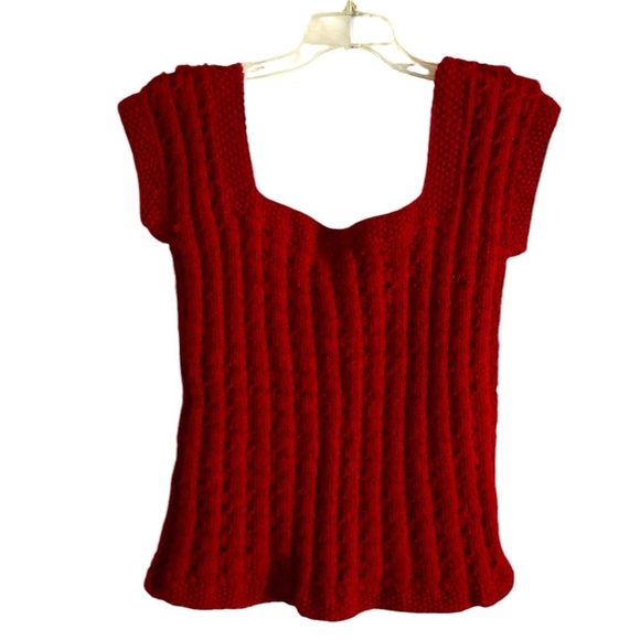 Handmade Tops - Handmade Red Knit Crocheted Short Sleeve Pull Over Sweater Top Size Medium